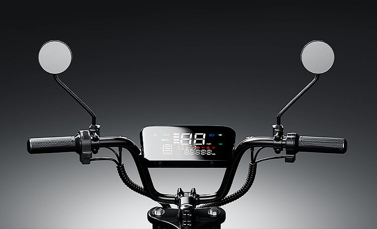 Front view of the DX5 electric scooter handlebar setup featuring dual rearview mirrors and a central color LCD display showing speed, battery level, NFC status, and riding information against a dark gradient background.