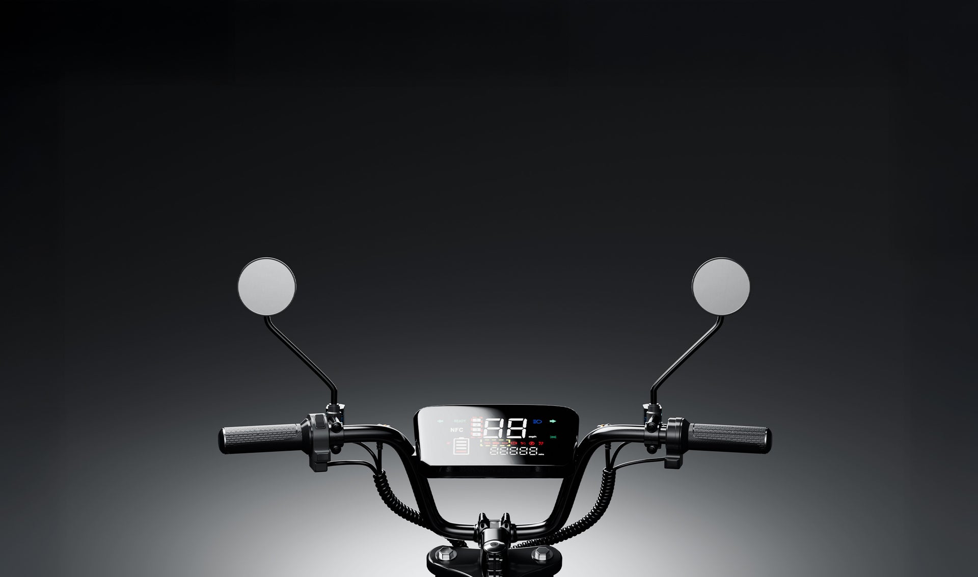 Studio shot of the DX5 electric scooter handlebars and digital display console against a dark background, viewed within a design editing interface.