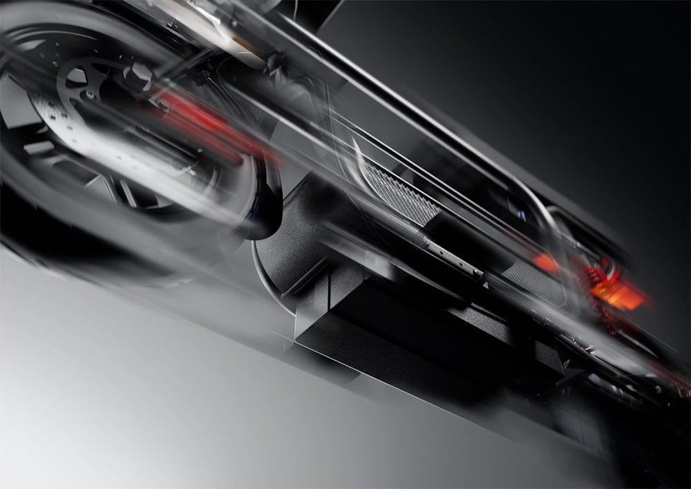 Dynamic motion-blur shot emphasizing the speed of the DX5 electric scooter's wheel and deck, viewed within a design editing interface.