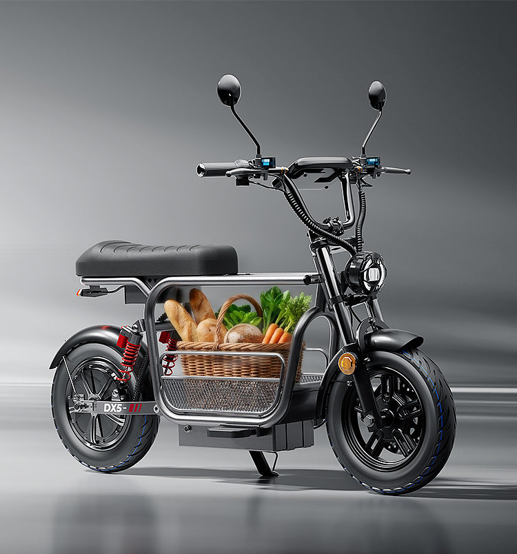 Studio profile view of the DX5 electric scooter with a padded seat, featuring a grocery basket tucked into its center frame filled with fresh bread and vegetables.