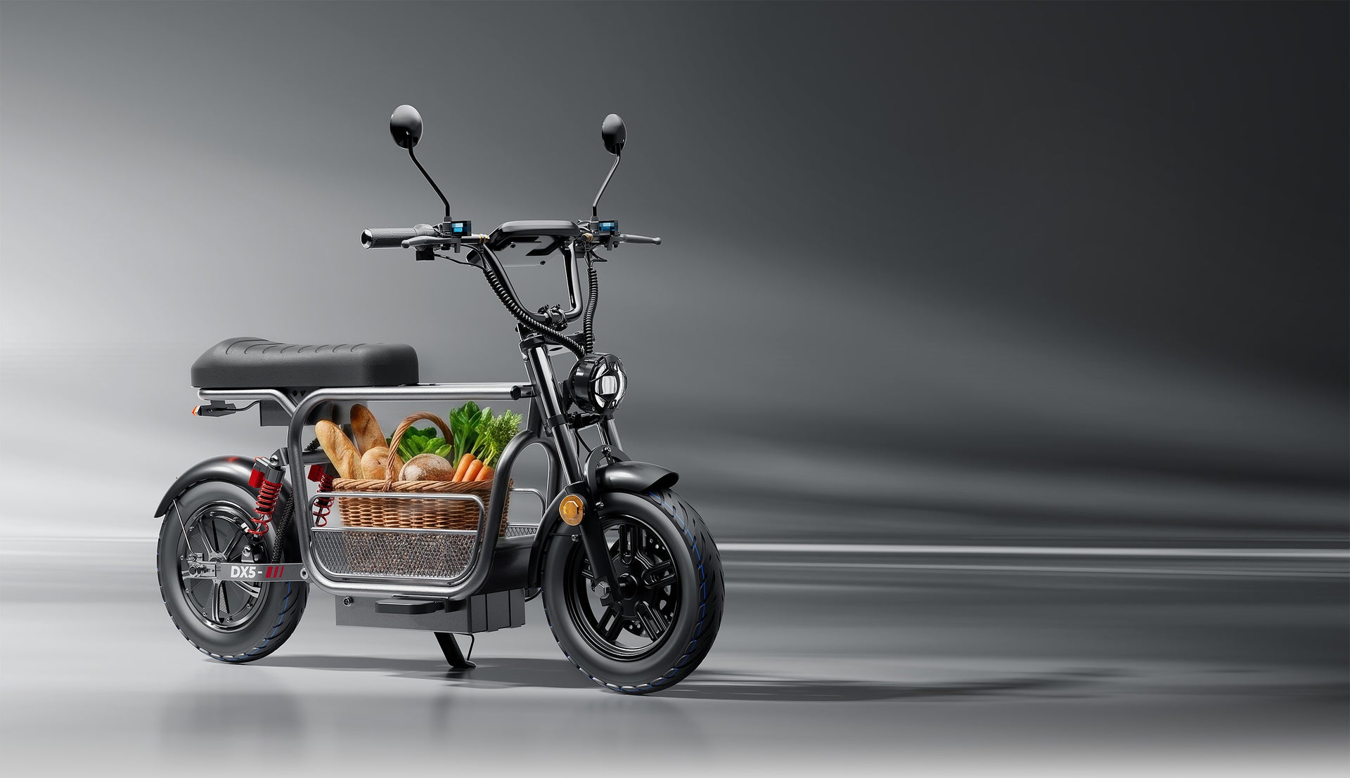 Wide studio banner featuring the DX5 electric scooter with a cushioned seat and a built-in center cargo basket filled with fresh bread and groceries.
