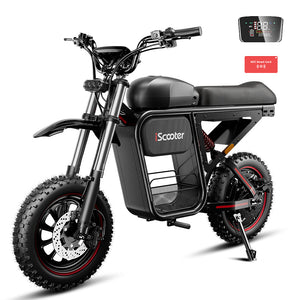 iScooter DX5 Max electric bike in black with fat off-road tires, front suspension, and integrated storage compartment, displayed alongside a color LCD dashboard and NFC smart card keyless access system on a white background.
