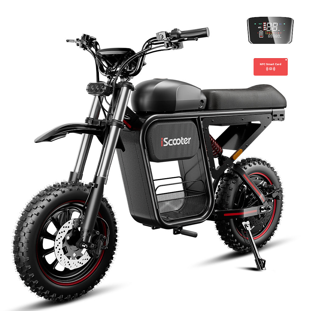 Close-up of the iScooter DX5 Max rear suspension system, featuring a red coil spring shock absorber mounted within the black frame. The image highlights the bike’s suspension design for enhanced comfort and stability on rough terrain.