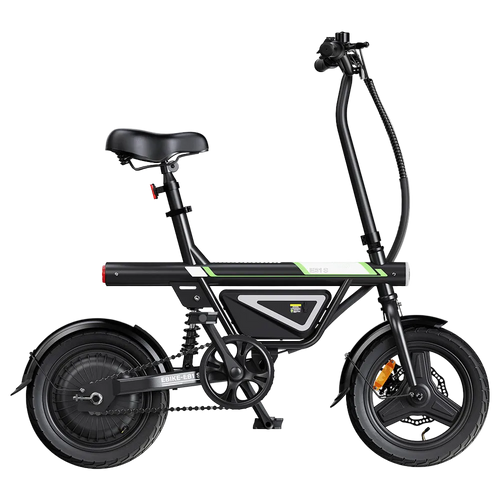 Side profile of a black folding electric bike with a step-through frame, compact wheels, rear hub motor, integrated battery, and adjustable seat displayed on a transparent background. The image showcases the bike's left side, highlighting its portable, urban commuter design.