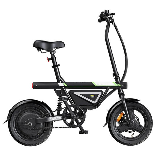 Side profile of a black folding electric bike with a step-through frame, compact wheels, rear hub motor, integrated battery, and adjustable seat displayed on a transparent background. The image showcases the bike's left side, highlighting its portable, urban commuter design.