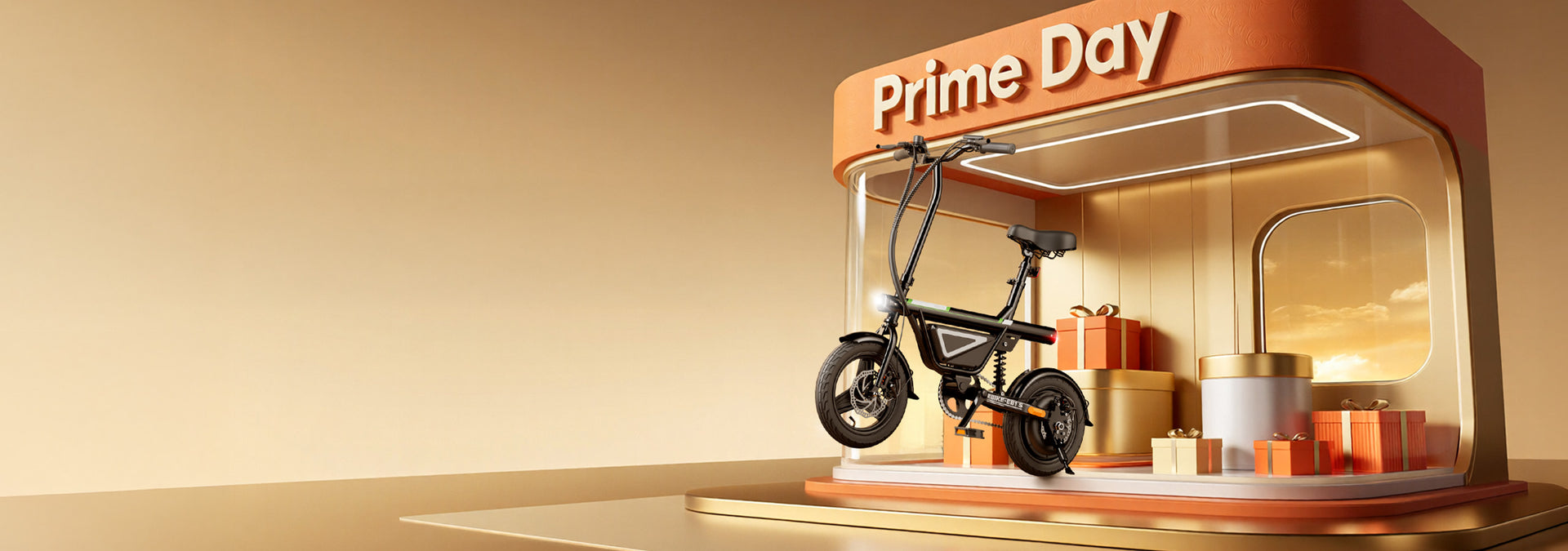 A widescreen Prime Day promotional banner showing a compact black electric bike on display inside a stylized golden storefront window alongside orange gift boxes.