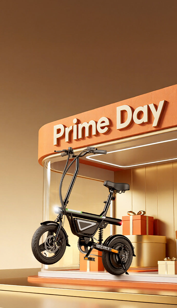 A vertical Prime Day promotional banner showing a compact black electric bike on display inside a stylized golden storefront window alongside gift boxes.