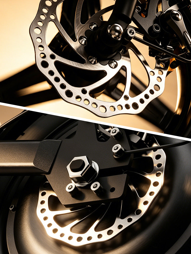 Close-up shots of the EB1S dual brake system, showcasing the ventilated disc brakes and mechanical assembly in warm, metallic lighting.