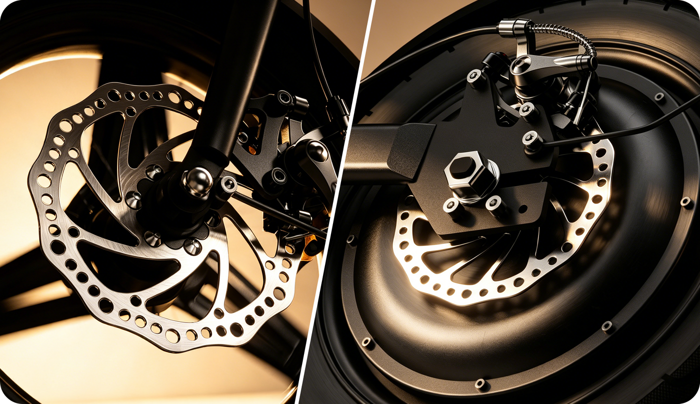 Close-up shots of the EB1S dual brake system, showcasing the ventilated disc brakes and mechanical assembly in warm, metallic lighting.