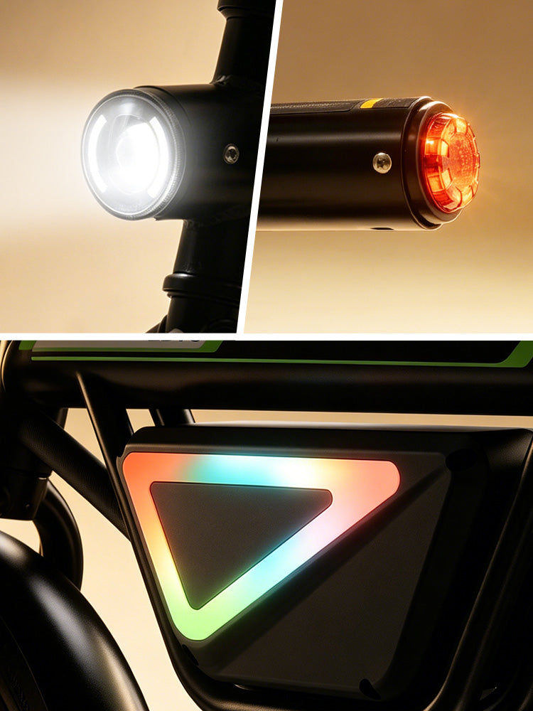 Close-up of an electric bike’s lighting system, featuring a bright front LED headlight, rear red brake light, and a colorful integrated side light panel for enhanced visibility and safety.