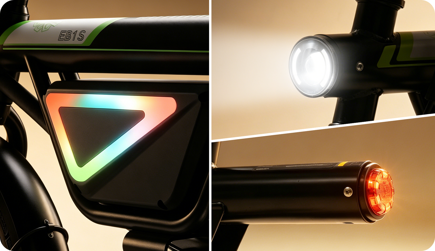 Close-up of an electric bike’s lighting system, featuring a bright front LED headlight, rear red brake light, and a colorful integrated side light panel for enhanced visibility and safety.