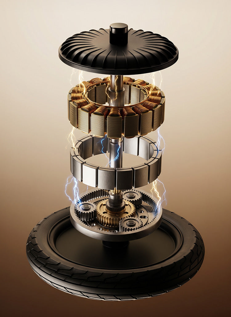 Exploded horizontal view of the F7 Ultra All-Terrain Electric Scooter motor system displaying internal gears, magnetic components, copper coils, and wheel assembly with electric power effects