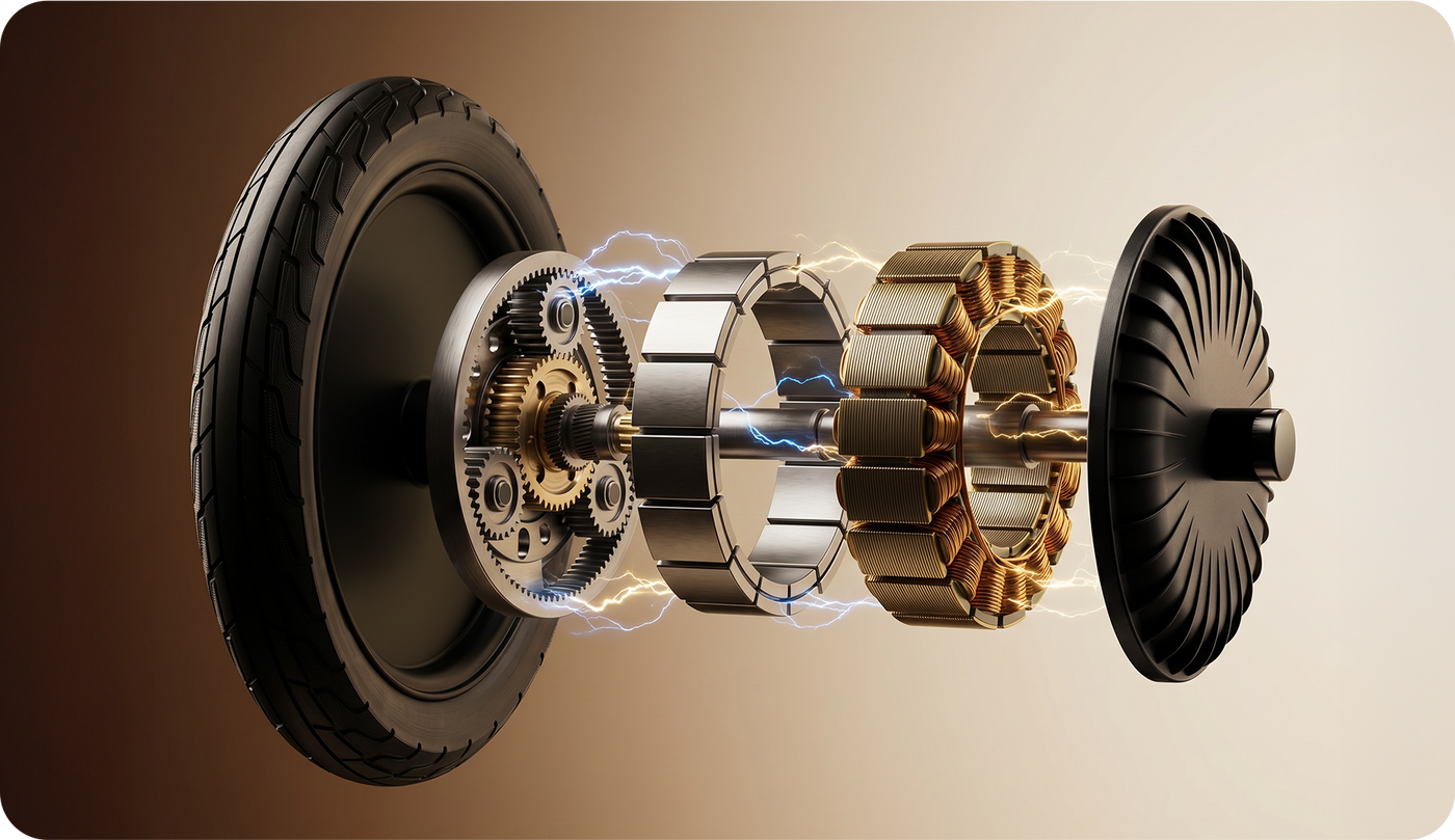 Exploded horizontal view of the F7 Ultra All-Terrain Electric Scooter motor system displaying internal gears, magnetic components, copper coils, and wheel assembly with electric power effects