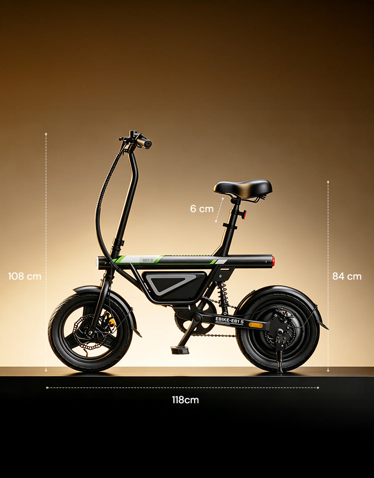 Side view of a compact electric bike with thick tires and a foldable frame, displayed against a gradient background with labeled dimensions: 118 cm length, 108 cm handlebar height, 84 cm seat height, and 6 cm seat adjustment range.