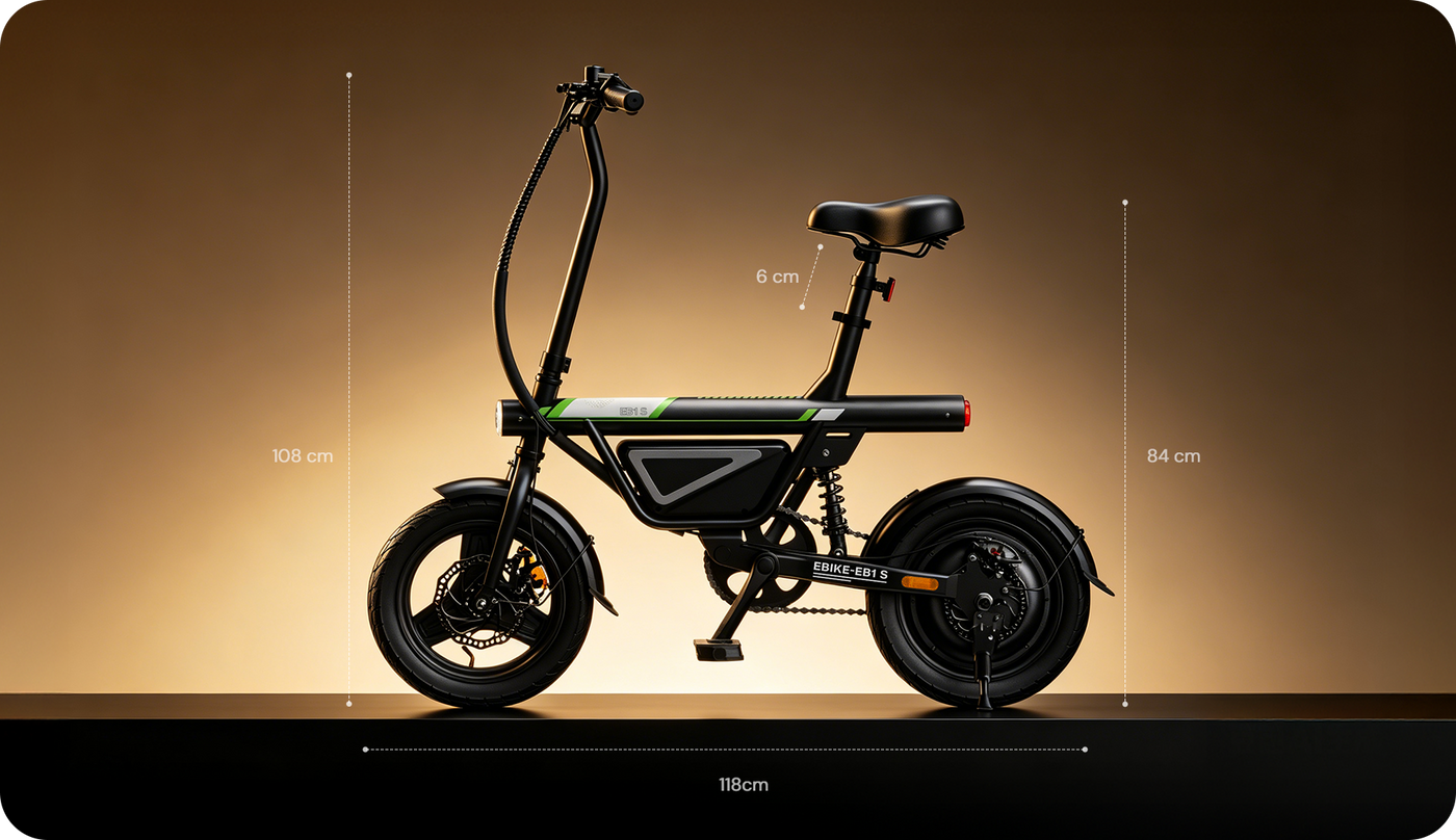 Side view of a compact electric bike with thick tires and a foldable frame, displayed against a gradient background with labeled dimensions: 118 cm length, 108 cm handlebar height, 84 cm seat height, and 6 cm seat adjustment range.