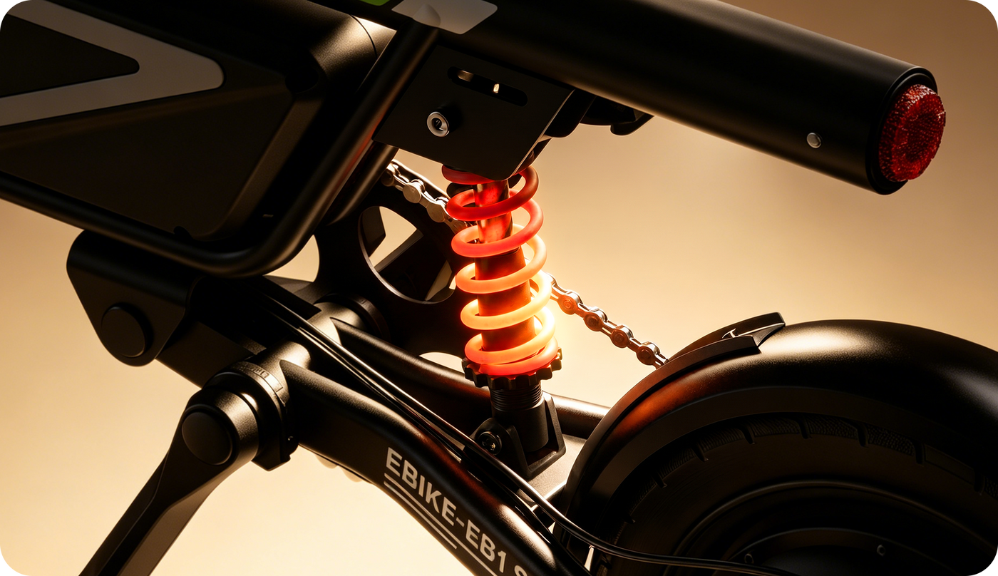 Close-up of the EB1S rear suspension system featuring a glowing orange coil spring and sleek black frame.
