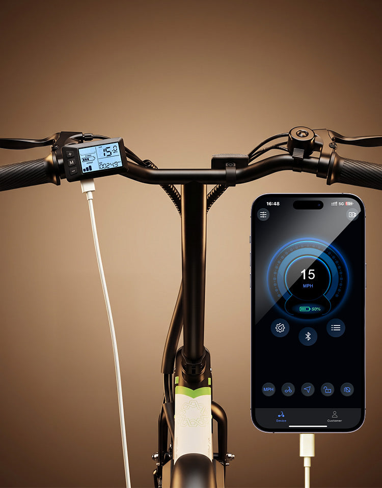 Close-up of EB1S electric bike handlebars featuring an LCD display, integrated controls, and USB charging port, paired with a smartphone app interface showing real-time speed, battery level, and ride data.