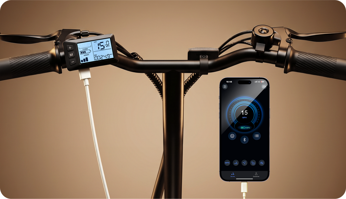 Close-up of EB1S electric bike handlebars featuring an LCD display, integrated controls, and USB charging port, paired with a smartphone app interface showing real-time speed, battery level, and ride data.