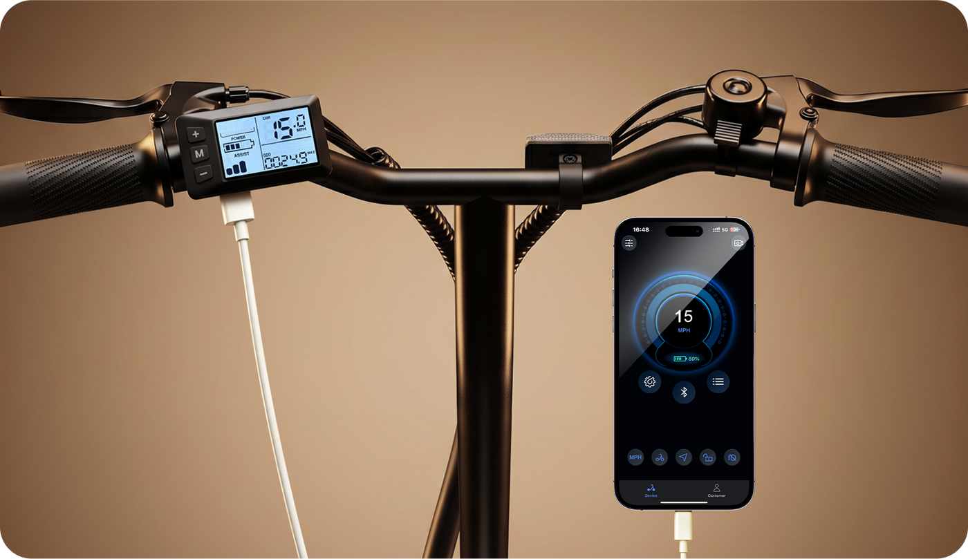 Close-up of EB1S electric bike handlebars featuring an LCD display, integrated controls, and USB charging port, paired with a smartphone app interface showing real-time speed, battery level, and ride data.