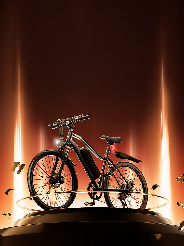 The EB3S e-bike is showcased on a lit pedestal against a dark, golden-hued background with celebratory elements to commemorate the 11th anniversary.