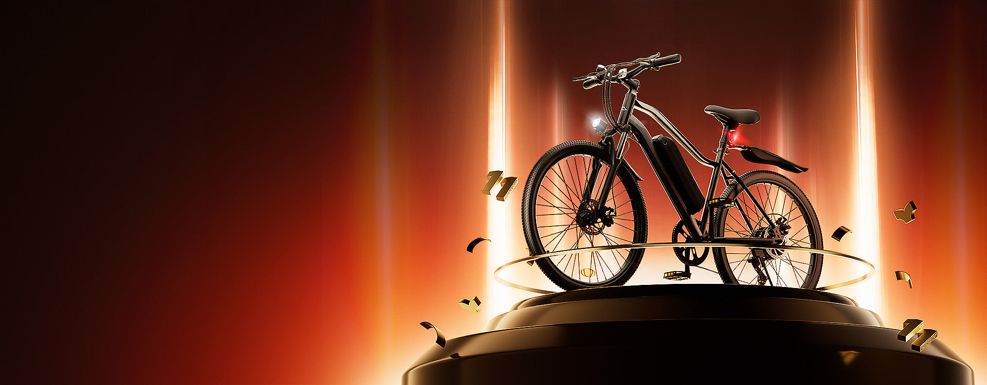 The EB3S e-bike is showcased on a lit pedestal against a dark, golden-hued background with celebratory elements to commemorate the 11th anniversary.