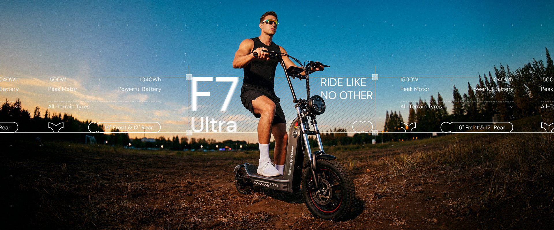 Rider standing on the F7 Ultra all-terrain electric scooter on a rugged trail at dusk, featuring a 1500W peak motor, 1040Wh battery, all-terrain tires, and 16-inch front and 12-inch rear wheels built for off-road performance.