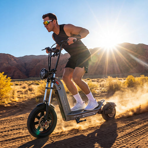 Rider speeding on the F7 Ultra all-terrain electric scooter across a dusty desert trail with mountains in the background, highlighting powerful performance, suspension, and off-road capability.