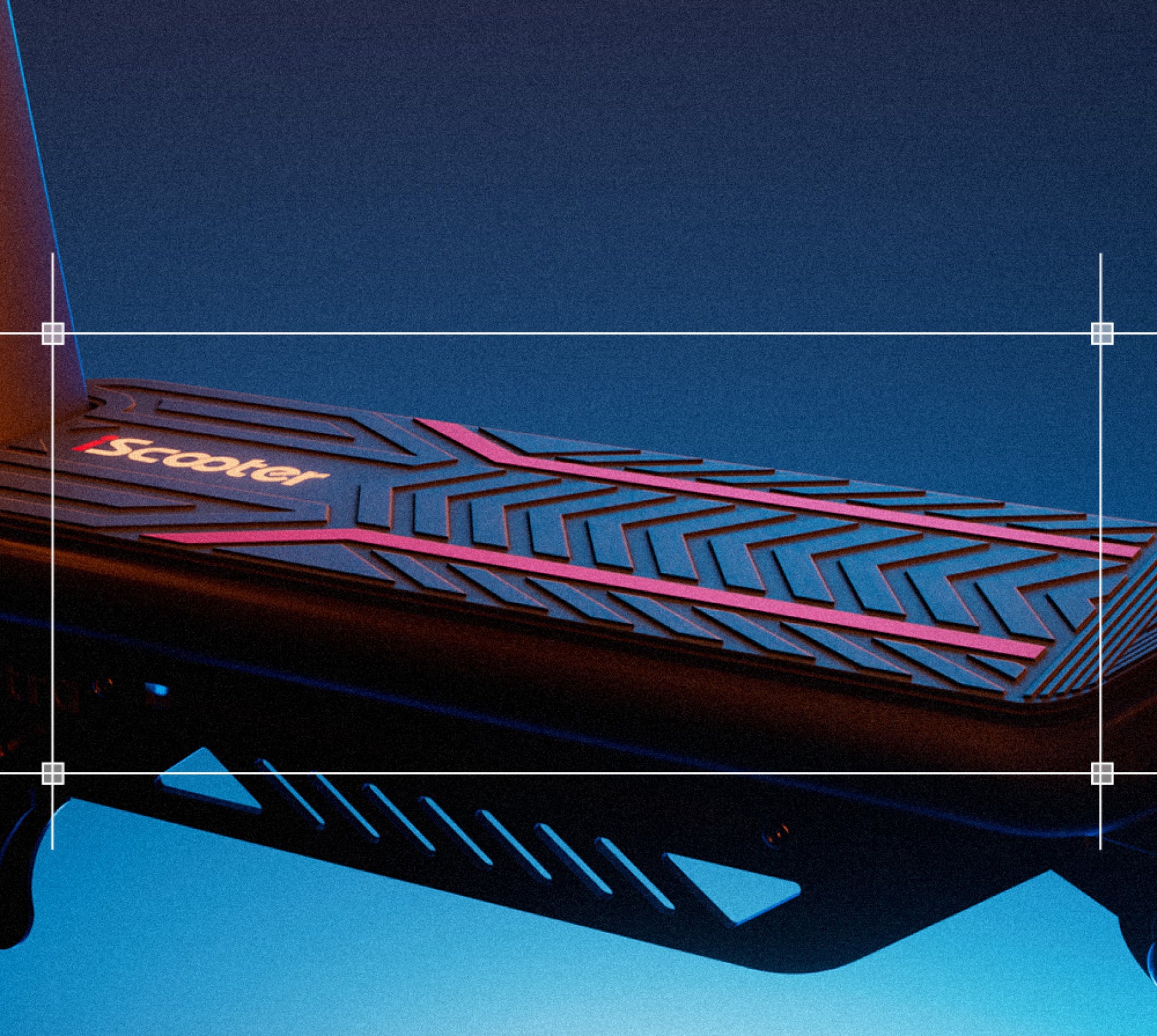 This close-up image showcases the detailed, patterned grip deck of the F7ULTRA electric scooter illuminated against a moody, blue-toned background.