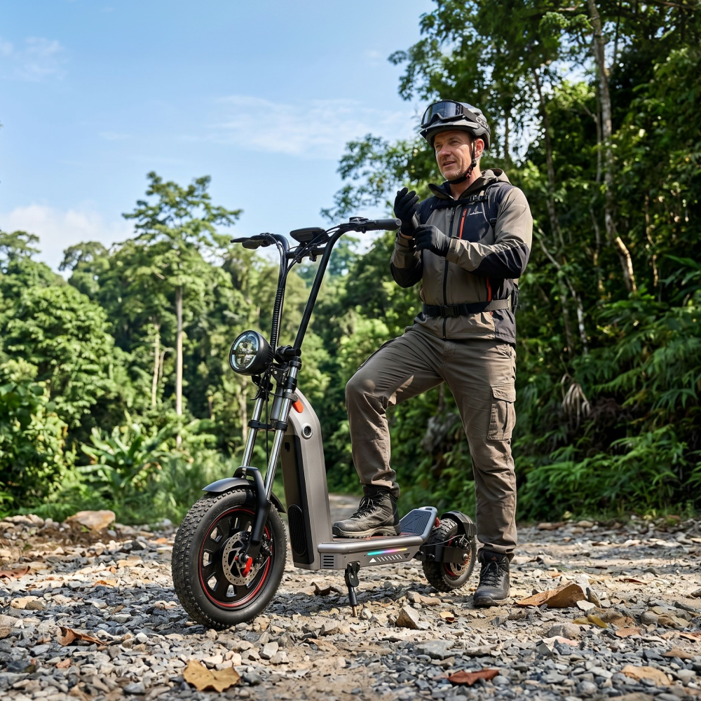 A lifestyle shot of a rider standing next to an F7 Ultra electric scooter on a gravel path surrounded by a lush forest.