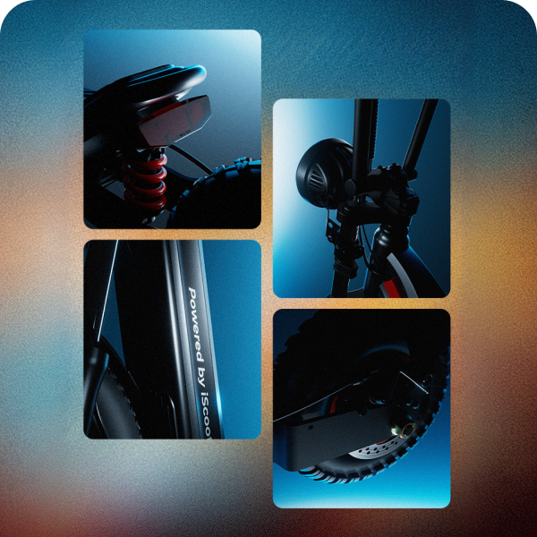 This collage features stylized close-up shots highlighting the sleek design and technical components of the F7ULTRA electric scooter.