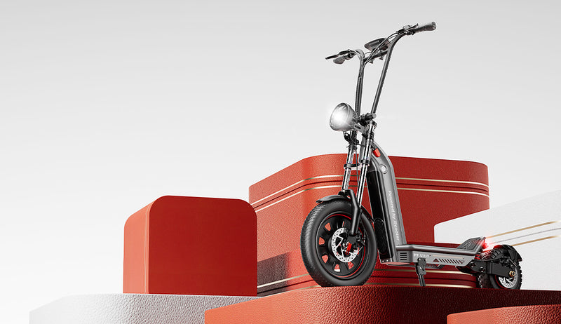 The F7 Ultra electric scooter is displayed parked on top of stacked, textured red and white blocks against a plain, bright background. 