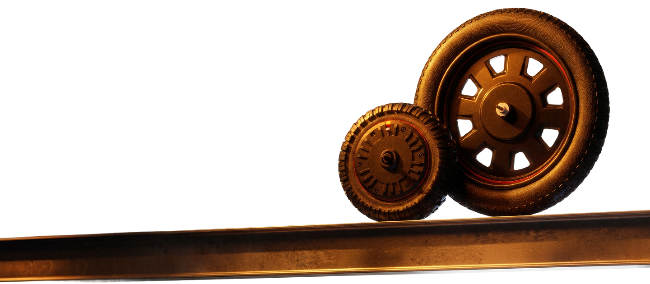 A product feature graphic showcasing two robust off-road tires for the iScooter F7 Ultra electric scooter, set against a transparent checkered background. One smaller tire and one larger tire are positioned side-by-side on a metallic bronze track, illuminated by warm, golden studio lighting that highlights their thick, rugged tread patterns.