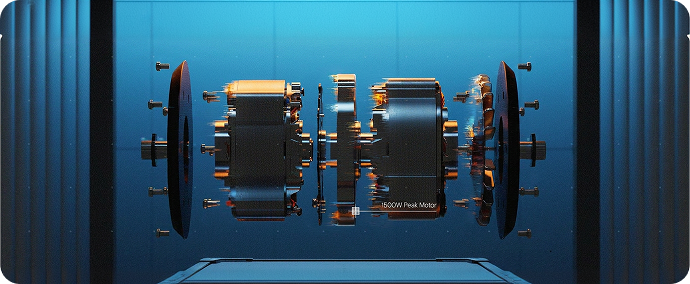 A product graphic showcasing a 3D exploded view of the high-performance internal motor core, gears, and structural components of the iScooter F7 Ultra electric scooter against a clean, modern studio background.