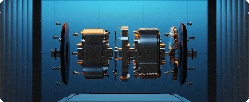 A panoramic product graphic showcasing a detailed 3D exploded view of the internal motor core, gears, and high-performance components of the iScooter F7 Ultra electric scooter, centered between two modern studio columns on a sleek platform against a cool blue background.