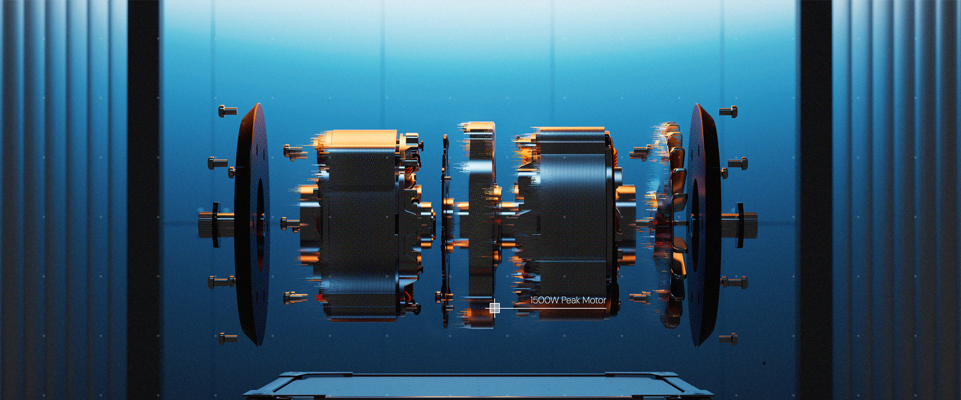 A panoramic product graphic showcasing a detailed 3D exploded view of the internal motor core, gears, and high-performance components of the iScooter F7 Ultra electric scooter, centered between two modern studio columns on a sleek platform against a cool blue background.