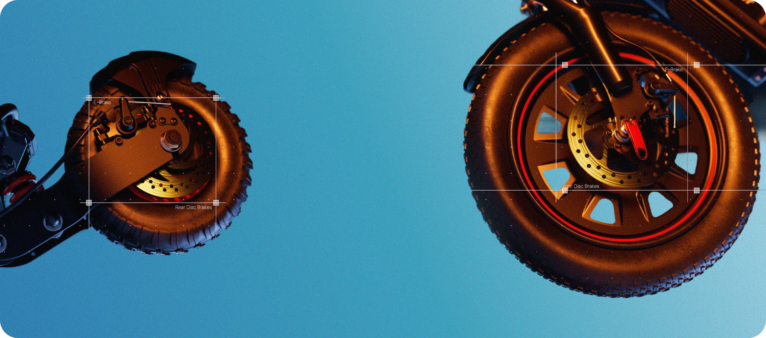 A close-up wide product graphic emphasizing the dual disc brake mechanism of the iScooter F7 Ultra electric scooter, displaying side-by-side shots of the front and rear tires with detailed brake components and red-rimmed wheels against a clear, solid light blue backdrop.