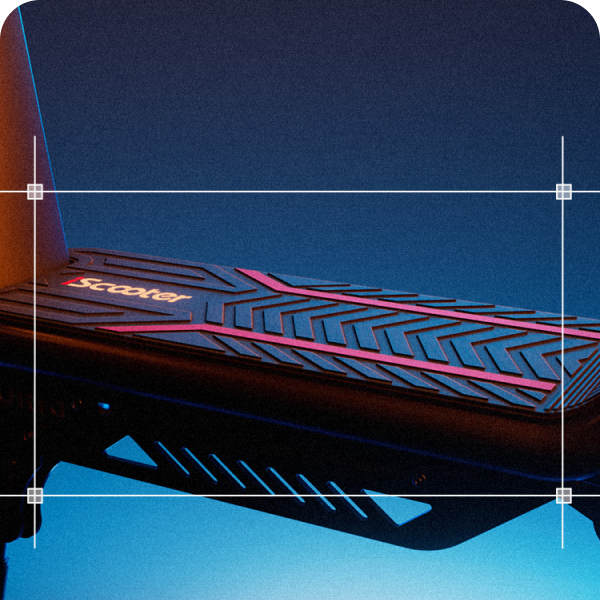 This close-up shot highlights the detailed, patterned deck and frame design of the F7ULTRA electric scooter against a moody, blue-lit background.