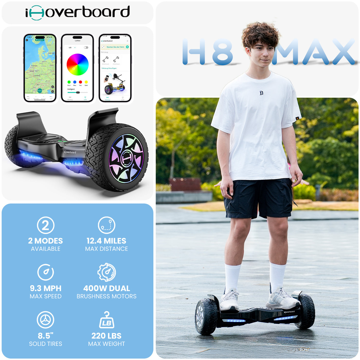8.5" H8Max/H8 Off Road Hoverboard with Bluetooth Music and LED Lights - Self Balancing System