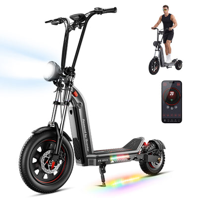 iScooter F7 Ultra All-Terrain Electric Scooter shown in a clean product layout with bright headlight on, under-deck RGB lighting, rider demonstration inset, and mobile app interface display highlighting performance features.