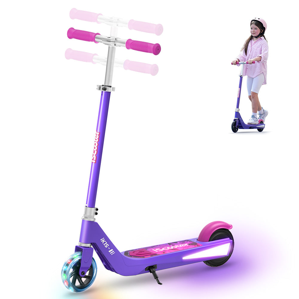 iScooter iK1S kids electric scooter shown in purple colourway