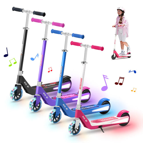 A marketing graphic showing four colorful kids' kick scooters in black, purple, blue, and pink/white with flashing light-up wheels, alongside floating music note icons and a young girl riding one.