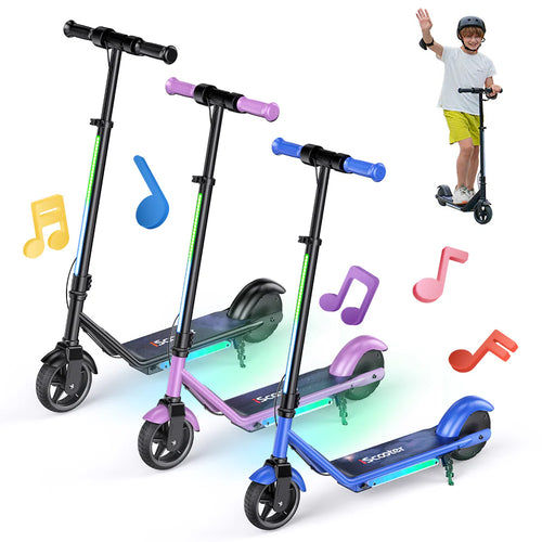 A promotional graphic showing three colorful kids' electric scooters in black, purple, and blue with glowing LED lights, accompanied by floating music note icons and a young boy riding one in the background.