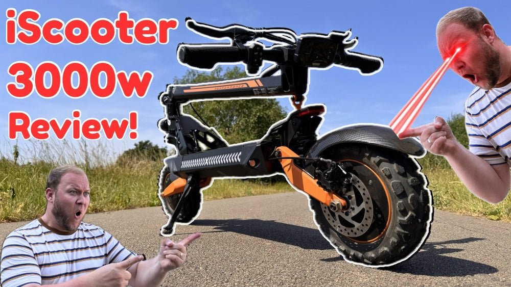 YouTube review thumbnail featuring the iScooter W12 3000W electric scooter with a reviewer highlighting its performance and design.