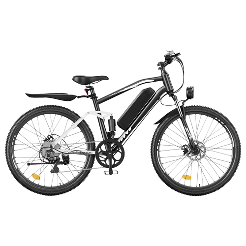 Black M50 electric mountain bike with integrated battery, front suspension, and rear rack shown on a transparent background.