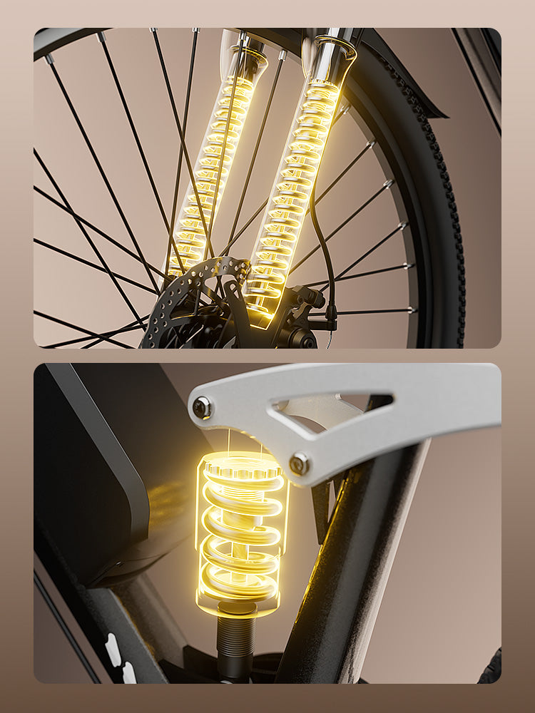 Close-up of the m50 front suspension and rear shock absorber, featuring glowing yellow internal springs.