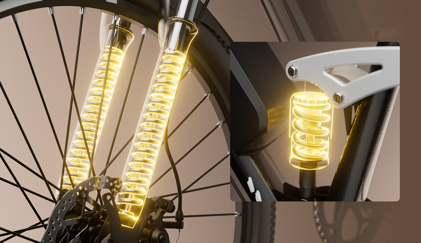Close-up of the m50 front suspension and rear shock absorber, featuring glowing yellow internal springs.