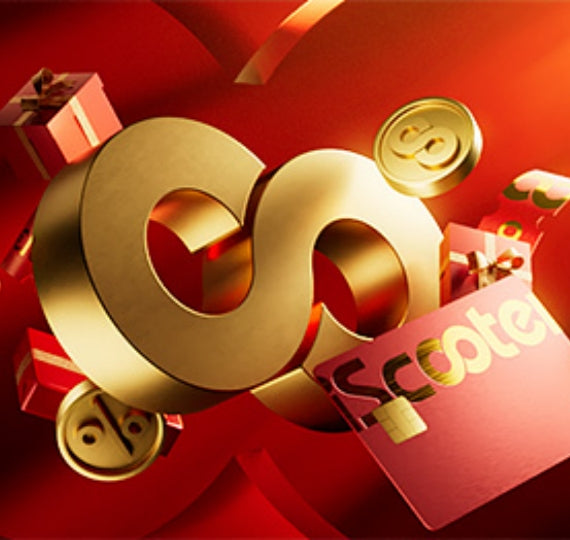 3D graphic of a gold iScooter logo, coins, percentage badge, and gift boxes.