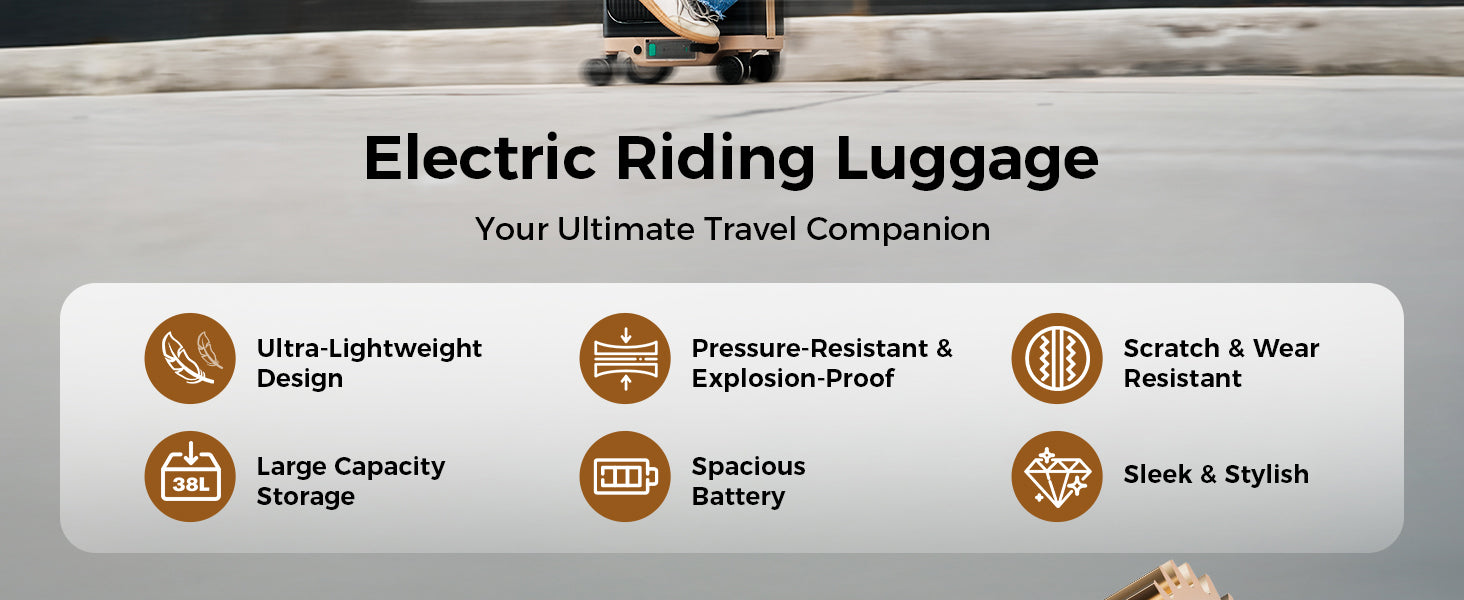 A product feature banner for the PCD2501 electric riding luggage, subtitled 