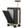Studio product shot of the black and gold PCD2501 motorized ride-on suitcase, isolated on a white background with its front hard-shell compartment popped open to reveal the gray inner fabric lining.