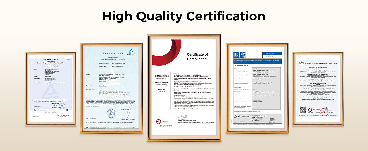 A product banner featuring five framed quality and compliance certificates displayed side-by-side under the heading 